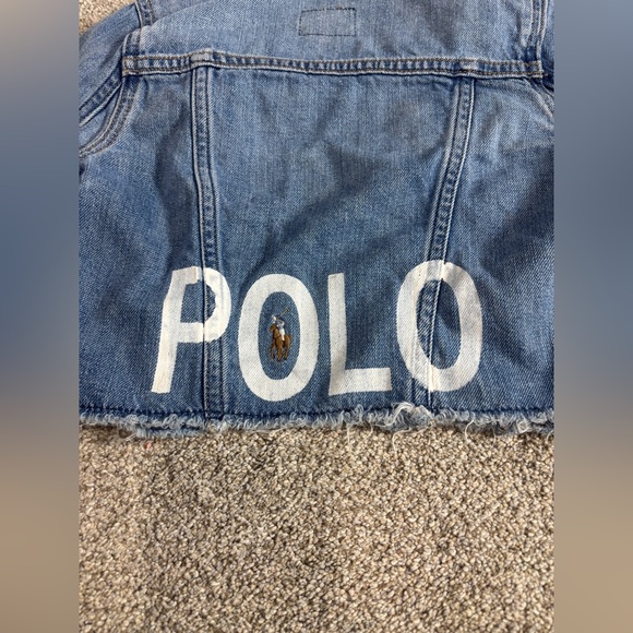 VTG Y2K Polo Ralph Lauren Sport Denim Jacket Youth Sz 5 Cropped Raw Hem - Picture 2 of 6